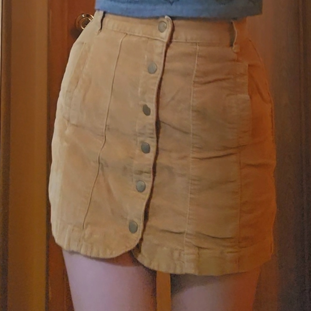 BDG Corduroy Button-Front Skirt in Tan
